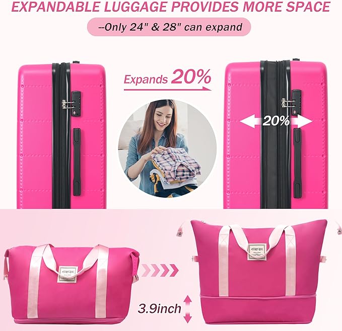 Merax Luggage Sets 5 Piece, Hardside 20" Half-opening Carry On Suitcase Set with USB Port,Lightweight Travel 24" 28" Luggage with Bags TSA Locks Double Spinner Wheels,Pink