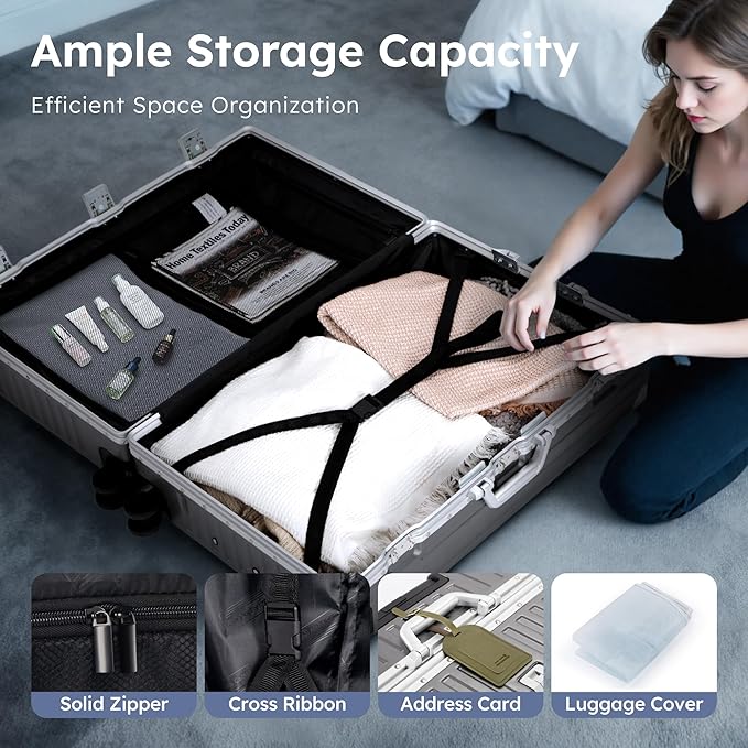 ALPHA CAMP Checked 28 Inch Luggage, Thickened Aluminum Frame Luggage with TSA Spinner Wheels, 3-Layer PC Hard Shell Zipperless Travel Suitcase, TypeC USB Charging Port, Cup Holder Grey