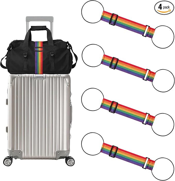 4 Pack Adjustable Luggage Straps for Add a Bag, Bungees Elastic Belt to Connect Suitcases, Luggage Connector Straps for Travel Essentials, Luggage Accessories Fastening Bag Strap - Rainbow