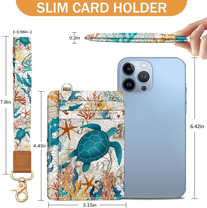 Yonlevres Sea Turtle Credit Card Holder Slim Wallet, RFID Wallet Women Front Pocket Wristlet Lanyard, Small Card Holder Travel Cute Thin ID Window PU Leather Funny Case Organizer Gifts Girls