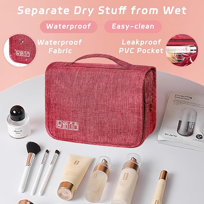 Toiletry Bag Travel Bag with Hanging Hook, Waterproof Capacity Hanging Multifunctional Makeup Bag for Toiletries, Portable Cosmetic Bag Travel Organizer for Women and Men (Red)