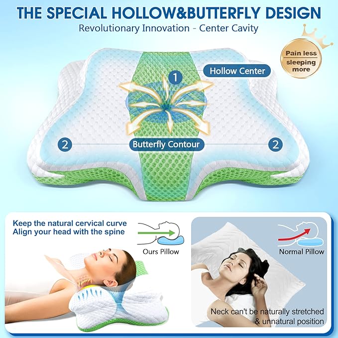 Memory Foam Pillows, Cervical Pillow for Neck and Shoulder Pain Relief, Ergonomic Contour Bed Pillow, Soft for Side Sleep Stomach Sleeping and Back Sleeper-Queen Size&Green