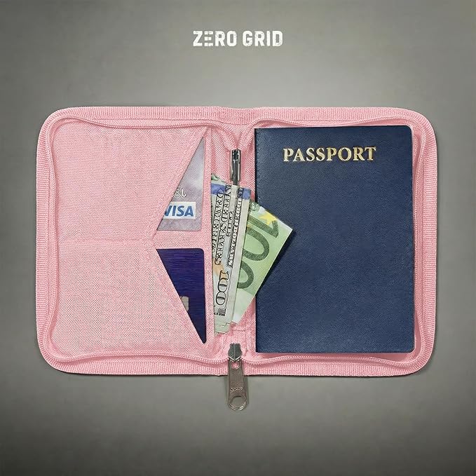 Zero Grid RFID Passport Holder & Travel Wallet, Zippered Wallet for Men & Women, Fits Passport, Cards, Cash, Tickets, ID, Sim Card; Premium & Compact Travel Document Holder - Rose Pink