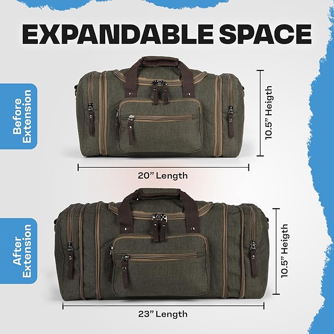 Duffle Bag for Travel 20–23” Expandable (40L) – Lightweight Water-Resistant Carry On Weekender with Multiple Pockets & Shoulder Strap – Airline Approved Travel Duffel Bags for Men & Women - ARMY GREEN