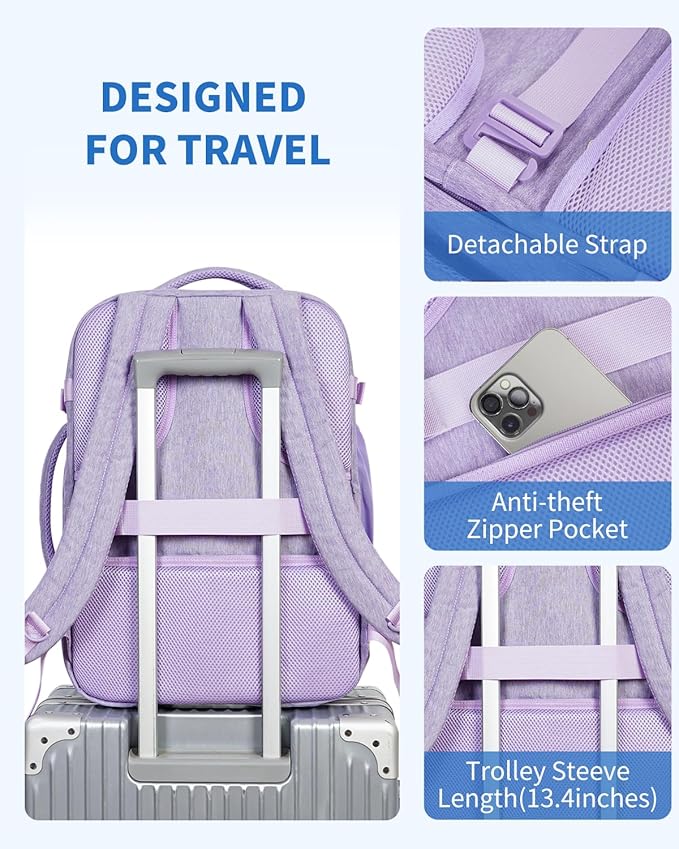 WANDF Travel Backpack For Spirit Airlines Personal Item Bag 18x14x8 with Wet Pocket, 17 Inch Laptop Backpack for Men Women（Purple）