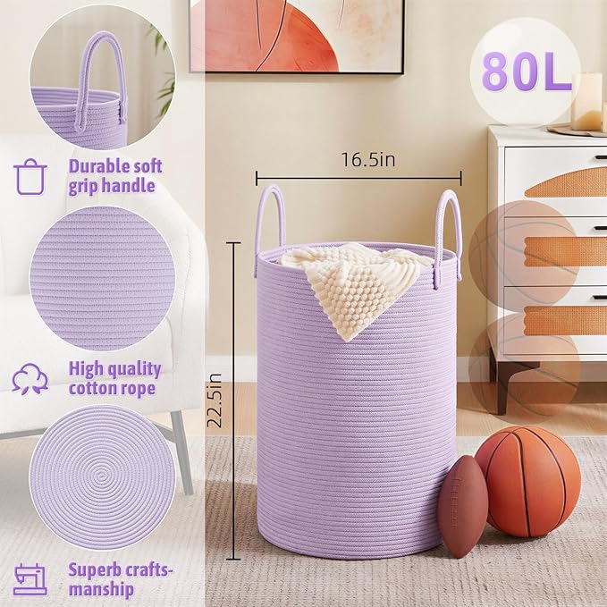 Laundry Basket,Woven Cotton Rope Laundry Hamper,80L for Decorative Storage of Dirty Clothes,Toys and Blankets in Bathroom,Baby Room and Living Room