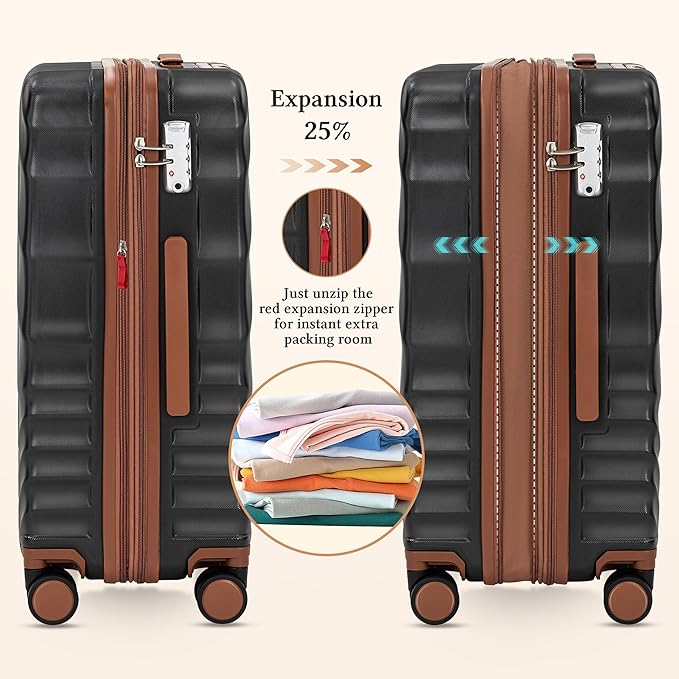 3 piece Luggage Set Expandable Suitcase 22x14x9 Airline Approved Carry on, ABS Hard Case Suitcases with Spinner Wheels, TSA Lock, (Black, 3 Piece Sets(20/BP/TB))