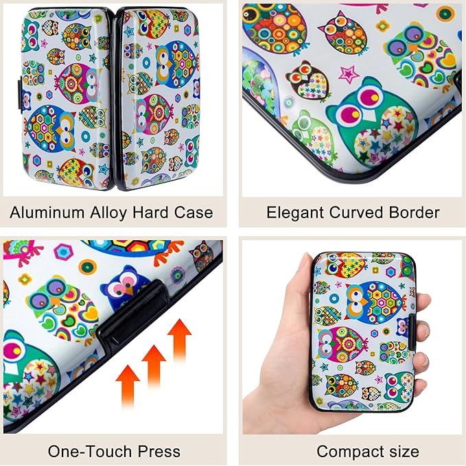 ELFISH Mini RFID Aluminum Wallet Credit Cards Holder Business Card Case Metal ID Case for Men Women (Owl)