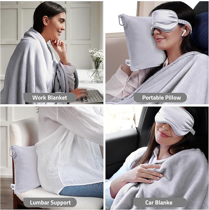 Travel Blanket, Airplane Blanket, Ultra-Soft, Warm & Lightweight, 65x40 in, Outdoor Blanket Essentials for Women, Men & Kids, Included Eye Mask, Luggage Sleeve & Backpack Clip Grey