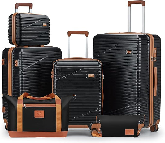 Luggage Sets,PC+ABS Hard Shell Carry on Suitcase with Spinner Wheels and TSA Lock, Travel Lightweight Luggage Set with Spinner Wheels (Black, 6 piece sets （14/20/24/28/DB/TB)