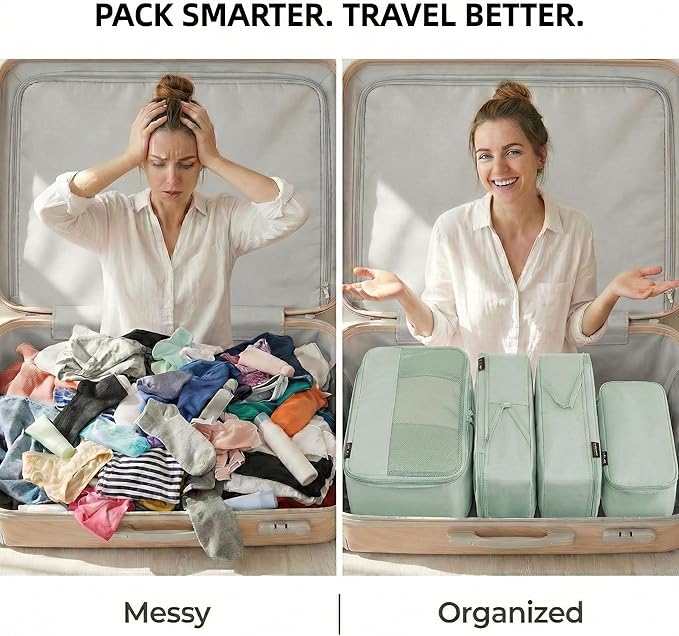 4 Piece Compression Packing Cubes for 3–7 Day Travel, Lightweight Travel Organizers with Breathable Mesh, Double-Zipper Packing Cubes for Carry-On & Suitcases (Light Green)