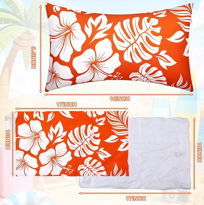 4 Pack Inflatable Beach Pillows with Removable Washable Covers Hawaii Tropical Style Portable Air Pillows for Vacation Sand Tanning Pool and Travel(Palm Leaf Hibiscus Flower)