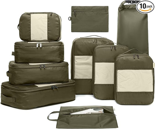 10-Pack Large Compression Packing Cubes for Travel - Lightweight Compression Packing Cube Set, Water-Resistant Luggage Organizer Bags & Suitcase Organizers, Travel Cubes for Carry-On, Checked Luggage