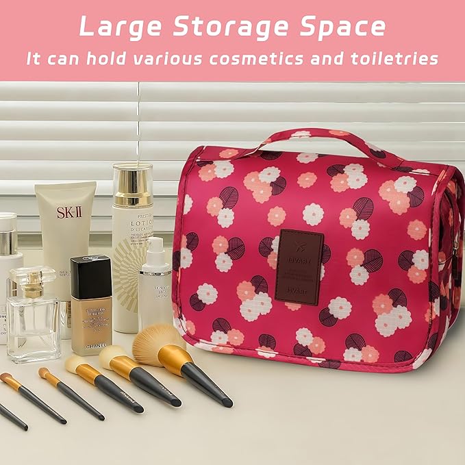 Toiletry Bag Travel Bag with Hanging Hook, Waterproof Capacity Hanging Multifunctional Makeup Bag for Toiletries, Portable Cosmetic Bag Travel Organizer for Women and Men(Wine Red FLower)