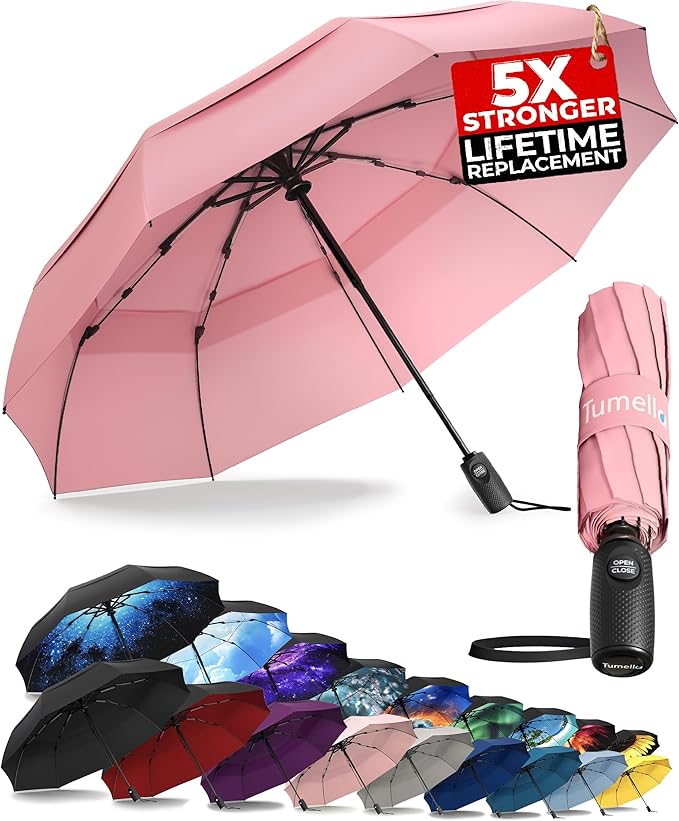 TUMELLA Strongest Windproof Travel Umbrella (Compact, Superior & Beautiful), Small, Wind-Tested, Light & Portable, Automatic Folding Rain Umbrella, Durable Premium Grip, Fits Car and Backpack