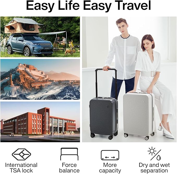 mixi Large Capacity Expandable Carry On Luggage Airline Approved 20'' Lightweight Luggage Wide Handle PC Hardshell Suitcases with Spinner Wheels & TSA Lock, Smoke White