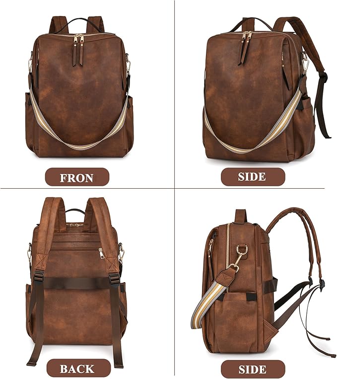 myfriday PU Leather Large Backpack Purse for Women Casual Travel Backpack Convertible Satchel Handbags With Luggage Strap (Dark brown)