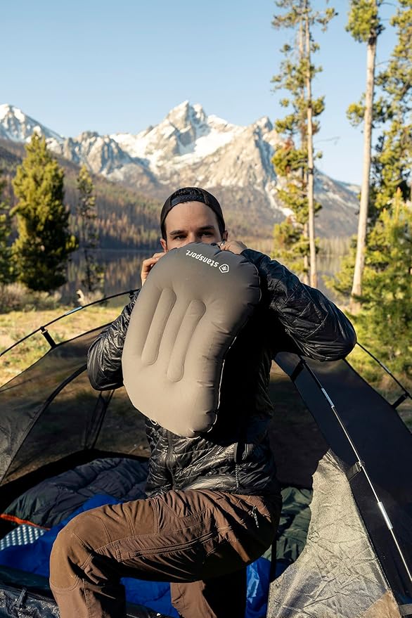 Stansport Lightweight Inflatable Camping Pillow – Ergonomic Ultralight Backpacking Pillow with Stay-Put Sleeping Pad Strap and Anti-Slip Grip – Compact Travel & Hiking Gear with Carry Bag