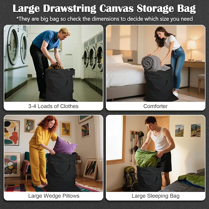 Canvas Laundry Bag 33"Wx 35"H, Thick Canvas Laundry Bag with Handles & Drawstring, Extra Large Heavy Duty Washable Basket Liner Hamper Liner Storage Sack (XL Black)