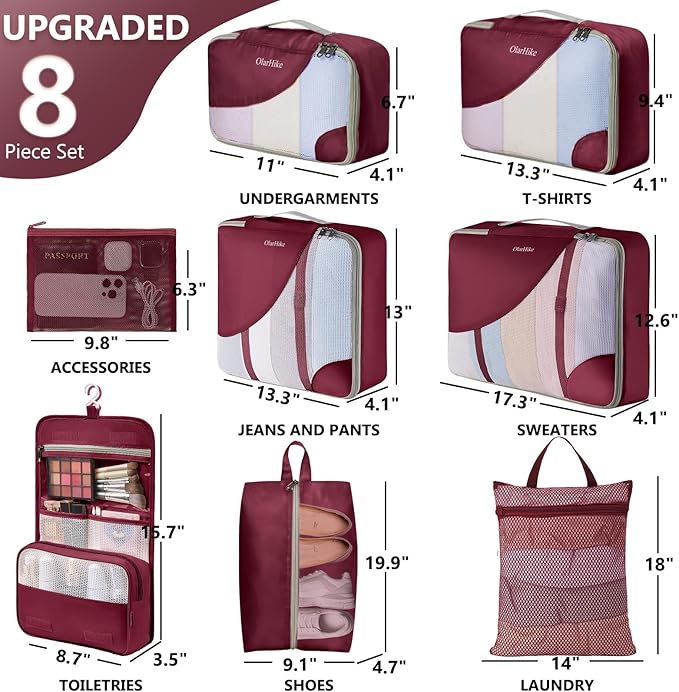 8 Set Packing Cubes for Travel, Gifts for Women Mom,Anti-Tearing Suitcase Organizer for Luggage with Shoe & Hanging Toiletry Bag,OlarHike Vacation Essentials & Accessories for Cruise Ship