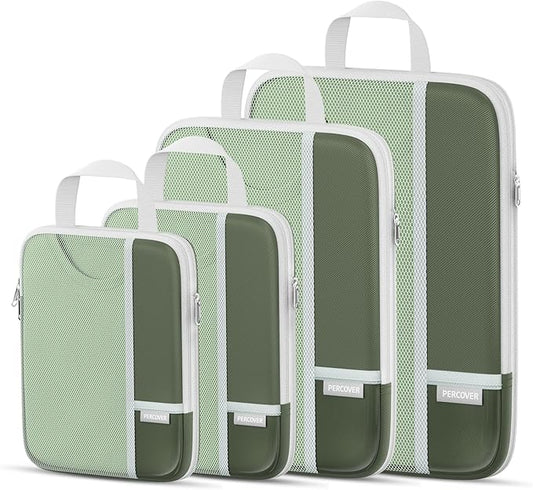 Percover Compression Packing Cubes 4-Piece Set, Packing Cubes Compression for Travel with Label Pockets, Travel Organizer for Carry On & Checked Luggage, Green