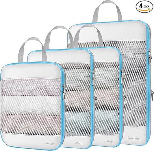 Cambond See Through Mesh Compression Packing Cubes - 4 Piece Expandable Space Saving Packing Cubes for Travel, Lightweight Travel Bags Luggage Packing Organizer Essentials for Suitcases, White