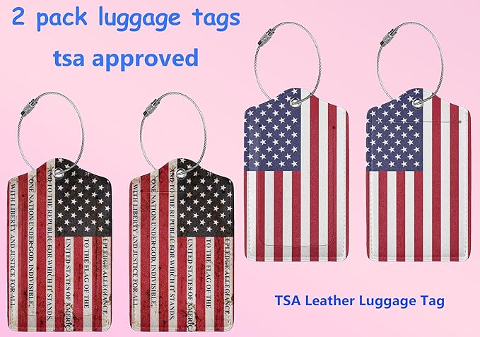 2P United States Unique American USA Flag Luggage Tags Privacy Cover ID Label with Stainless Steel Loop and Address Card for Travel Bag Suitcase Funny Cute Man Women Kids, 4.7x2.75