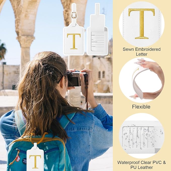 Initial Letter Luggage Tag for Suitcase, Cute Luggage Bag, Waterproof PU Leather Travel Luggage Tag, Suitcase Identifier Name Tag, Monogrammed Suitcases Tags, Bag Tags for Handbags(White T)