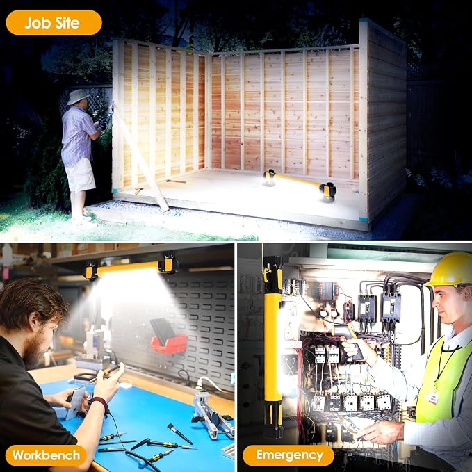 Ropelux Mechanic Work Light Bar with 2500LM 5200mAh Battery, Orange 3 Pcs | 2-Level Brightness, 7500K Cool White, 4-10 Hours Runtime, Magnetic Bases, Hooks, 360° Rotating, Rechargeable, Tool Gift