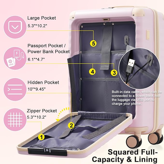 Merax Luggage Sets Front Opening, 3 Piece Hardshell Suitcase with Spinner Wheels and Bags,Lightweight Carry on Luggage with USB Port and Cup Holder,20+24+28,Pink