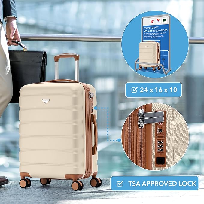 Flight Knight 24x16x10 Expandable Carry On Suitcase Hardside TSA Lock USB C Lightweight Luggage Silent Double Spinner Wheels Maximum Overhead Carry-On Bag For Virgin South West Approved Cream/Tan