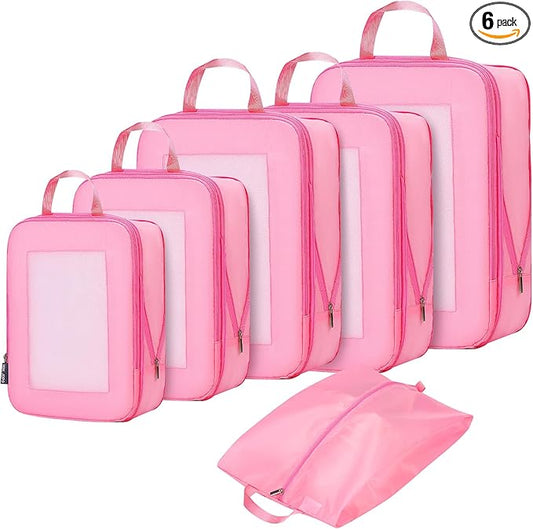 Ultralight Compression Packing Cubes for Suitcases Carry on，Compressible Mesh Packing Cubes for Travel Women Travel Essentials with Shoe Bag 6 Set (Pink)