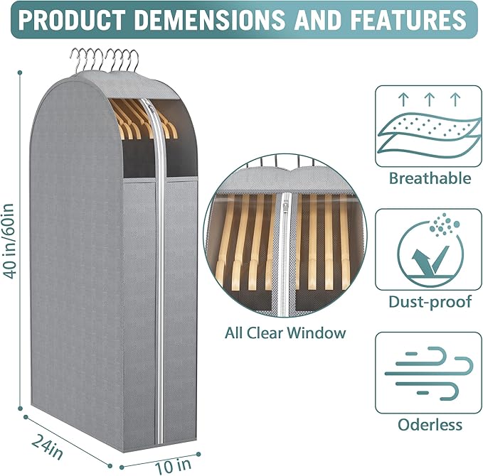Liuoud 10" Gusseted Garment Bags for Hanging Clothes with clear window, (40&60") Suit Bags for Open Closet Storage, Clothing Cover for Coat, Dress, Jacket, Shirt, Fur Wardrobe Protector, 3 Packs