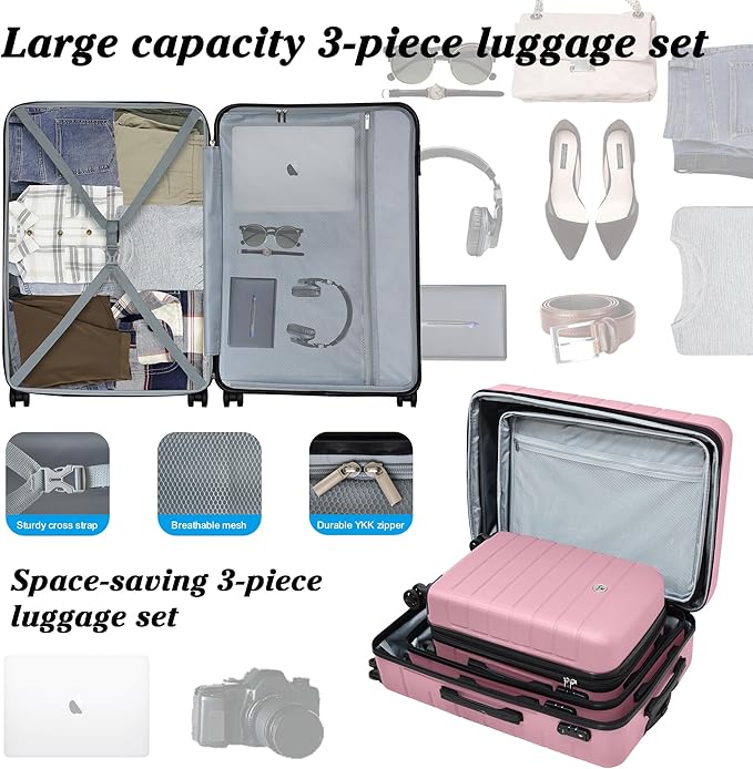 Classic 3-Piece Luggage Set with TSA Lock, Lightweight Suitcase with Spinner Wheels, Hardshell Expandable Carry-On Luggage, 20/24/28 inch, Pink