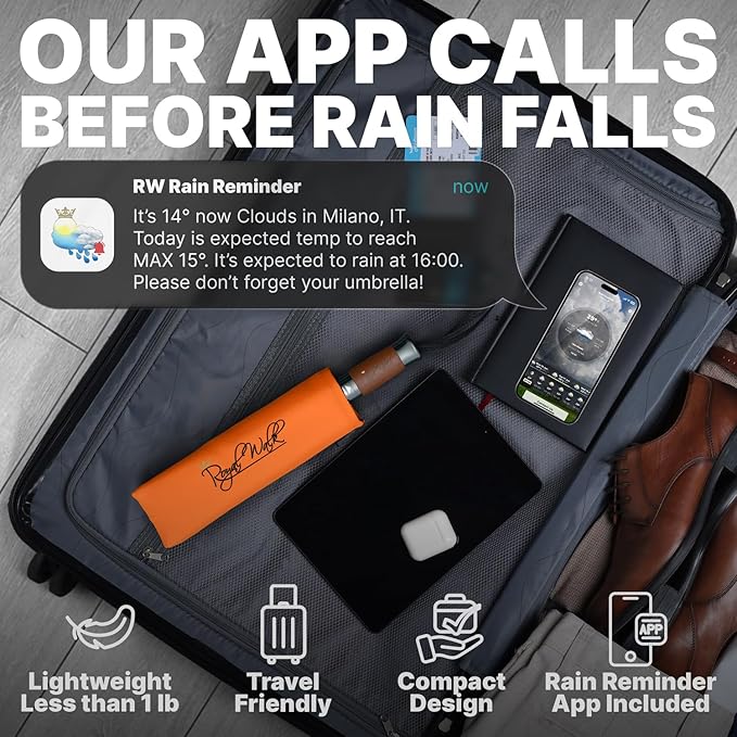 Royal Walk Windproof Folding Travel Umbrella Compact and Strong Luxurious Real Wood Handle Automatic Open Close Vented Double Canopy for Men and Women (Orange)