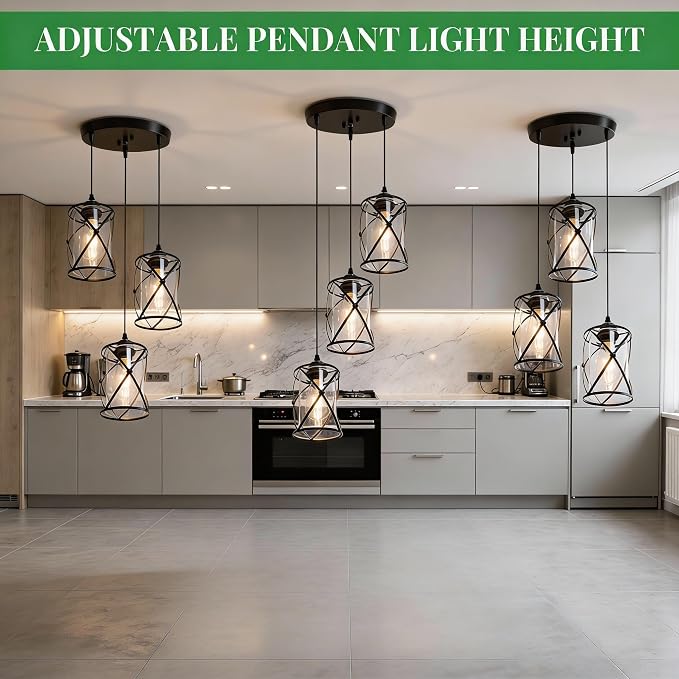 3 Light Pendant Lighting, Farmhouse Hanging Light Fixture for Kitchen Island & Dining Room, Industrial Vintage Ceiling Lamp with E26 Base, Adjustable Height, Matte Black with Glass Shades