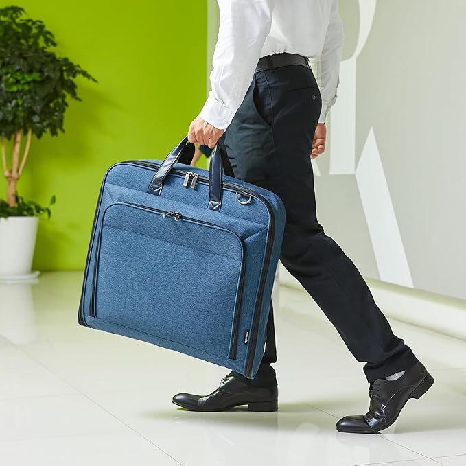 Amazon Basics Carry-On Garment Bag for Travel and Business Trips with Detachable Shoulder Strap, Hanging Suit Luggage, Wrinkle Free Cover for Suits Dresses Coats, Foldable with Shoe Compartment, Navy