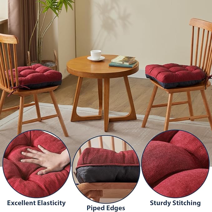 Chair Cushions for Dining Chairs, Seat Cushions for Kitchen Chairs, Indoor Seat Cushions with Ties, Tufted Foam Chair Pads, Non Slip Chair Cushions Set of 4, 15.5" x 15.5" x 4", Red