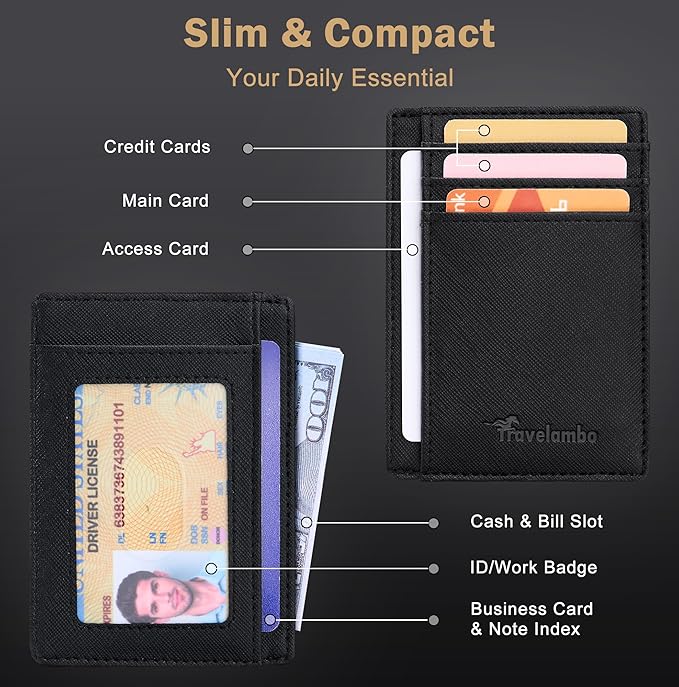 Travelambo Slim Wallet Front Pocket Minimalist Leather RFID Blocking Medium Size