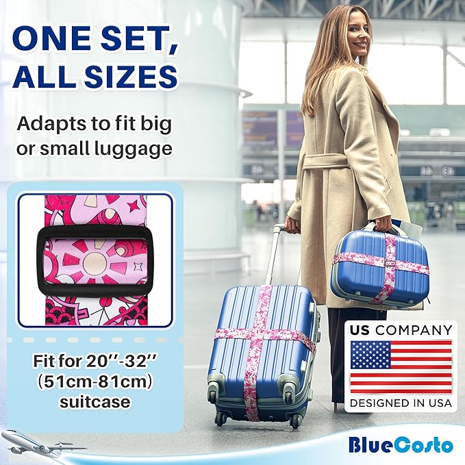 Luggage Straps for Suitcases - TSA Approved - Pink Geometric, 4 PK - Premium Belts for Suitcase, Briefcase & Travel Bag - Adjustable Strap Length 41" - 78"