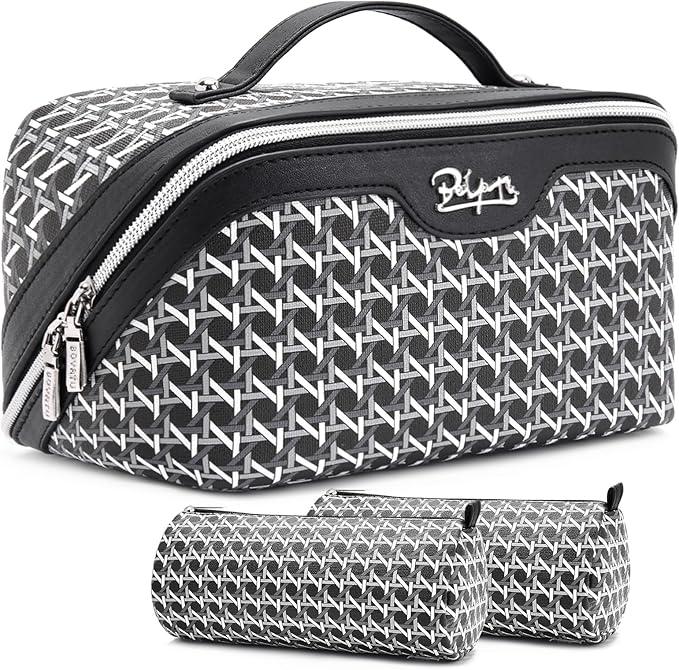BOYATU Travel Makeup Bag Cosmetic Bags for Women: Large Capacity 3 Pcs Set Make up Bag with Compartments - Waterproof Vegan Leather Toiletry Organizer Bags with Handle (M-76Black)