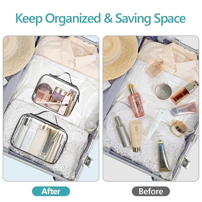 PACKISM Clear Makeup Bag Combo Pack, 1 TSA Approved Medium & Large for Checked Luggage, Clear Toiletry Bag with Handle, Water-resistant Travel Essentials Organizer, Elegant Black