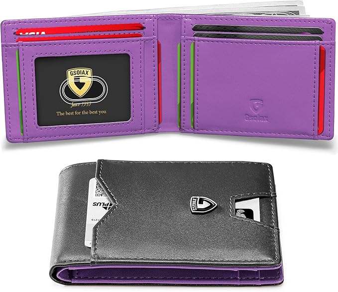 GSOIAX Slim Wallet for Men Rfid Blocking Leather Bifold Front Pocket Carbon Fiber Credit Card Holder Novelty Wallets With Gift Box (Black and Purple)
