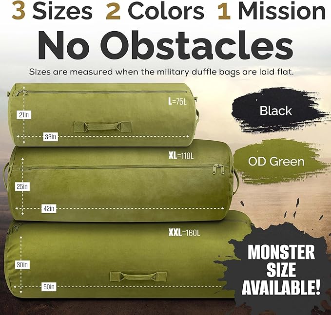 Farm Blue GI Style Zipper Duffle Bag Heavy Duty Army Duffle Bags - Military Grade Cotton Canvas Duffel Bag - Reinforced Camping Bag - Strong Zipper & Center Grab Handle (Olive Drab, X-Large)