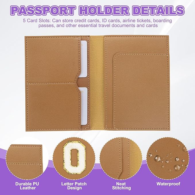 PATIKIL Passport Holder for Travel, Initial Passport Cover and Luggage Tag Set with Alphabet Chenille Letter Patch Travel Wallet Bag Suitcase Identifier for Women Family Travel Brown O