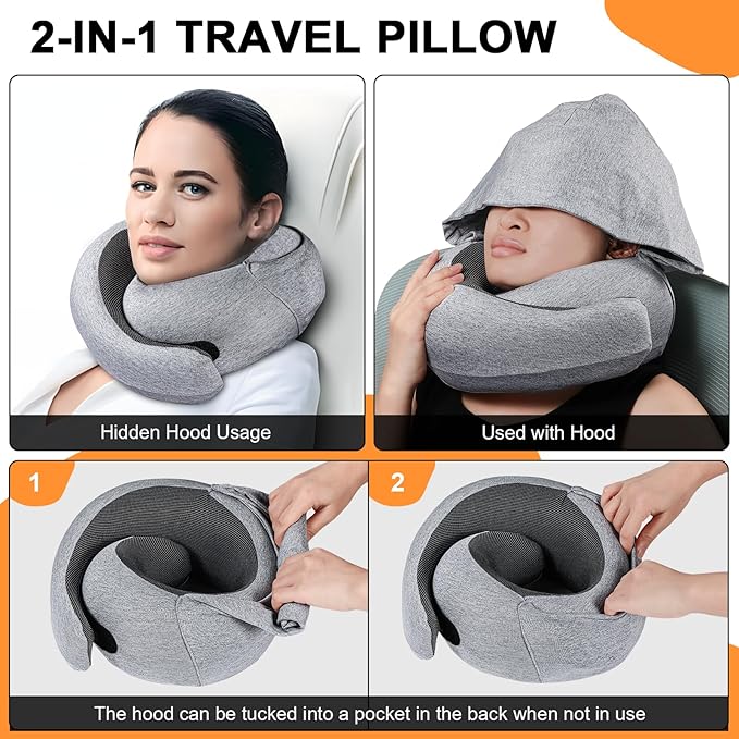 Travel Pillow - Hooded Neck Pillow Airplane Memory Foam Filling for Plane, Cars Sleeping, Road Trip, Long Flights, Portable Plane Accessories, Includes Eye Mask & Earplugs (Light Gray)