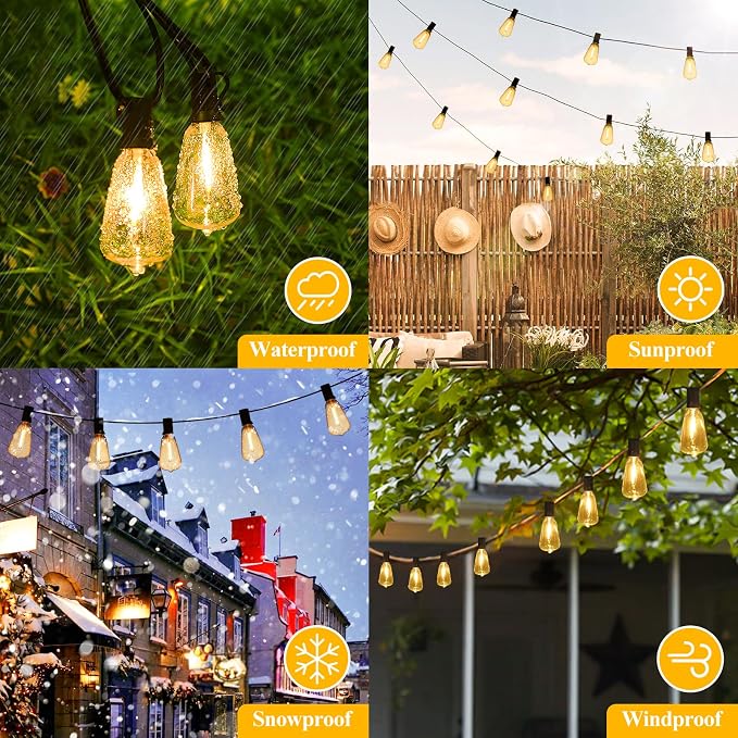 200FT Outdoor String Lights 104 Bulbs, 2200K Amber Lights | 4 Spare ST38 Edison Bulbs Dimmable, Connectable Plug-in LED Patio Lights for Outsiede, Cafe, Wedding, Christmas
