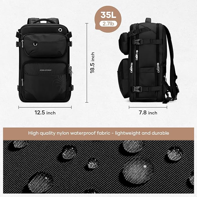Maelstrom Travel Backpack for Men Women, 35L Carry on Backpack for Traveling on Airplane,with Belt Bag&Shoe Compartment,Waterproof Laptop Backpack fit 17”Laptop-Pure Black,Large