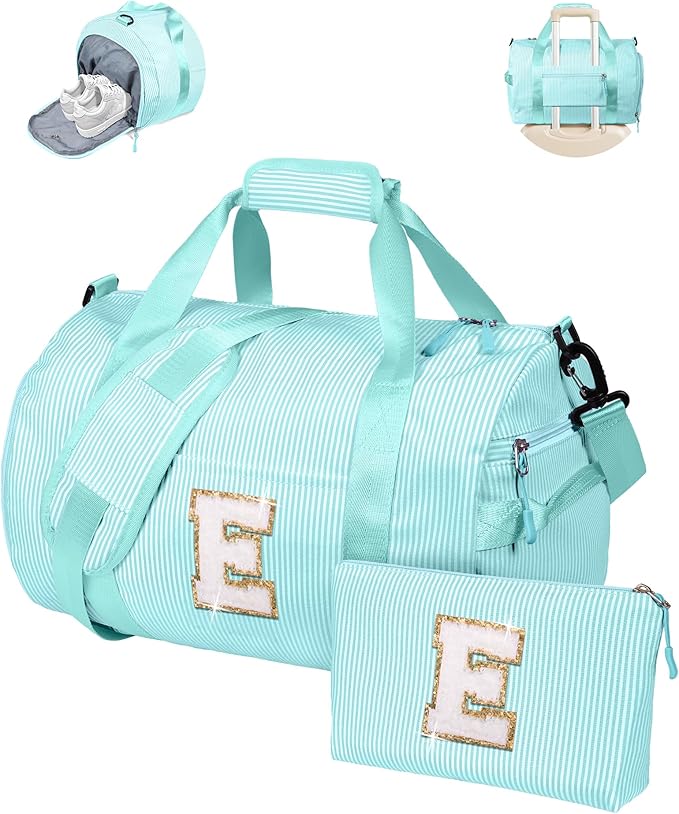 Tween Girl Gifts Trendy Stuff, Girls Travel Duffle Bag, Kids Initial Overnight Bags with Shoe Compartment, Personalized Weekend Bag with Cosmetic Pouch, Preppy Stuff (Letter E)