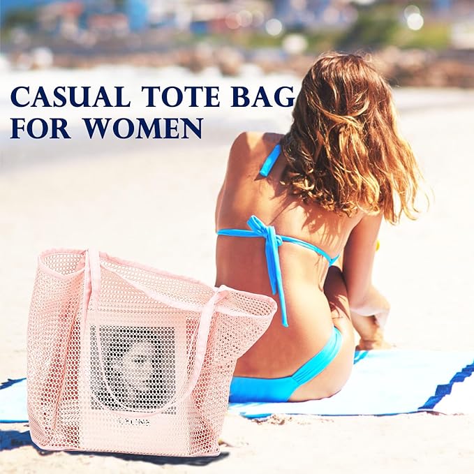 Fammart Mesh Beach Bag, Large Beach Tote with Zipper Pocket, Toys Pool Bag for Family Travel Vacation Cruise Essentials